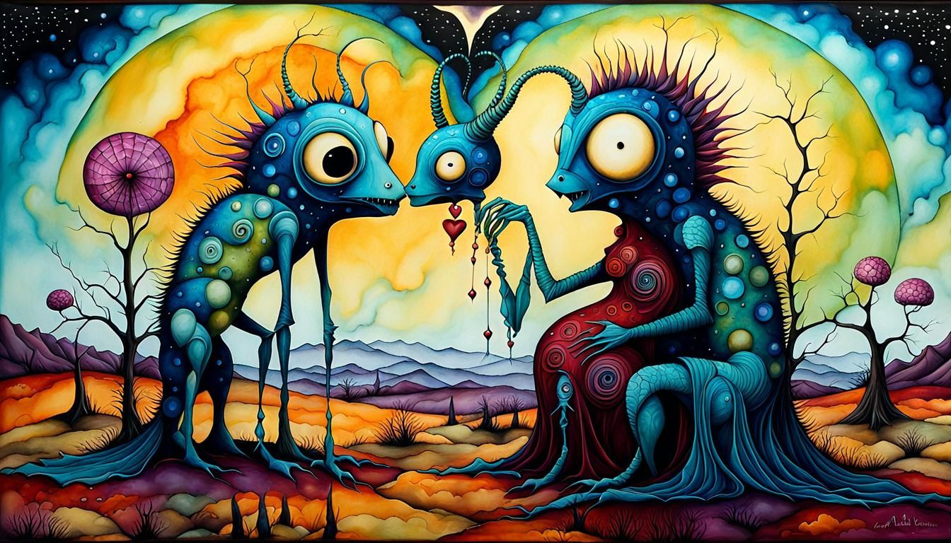 Creatures' Last Kiss: Surreal Alcohol Ink Art