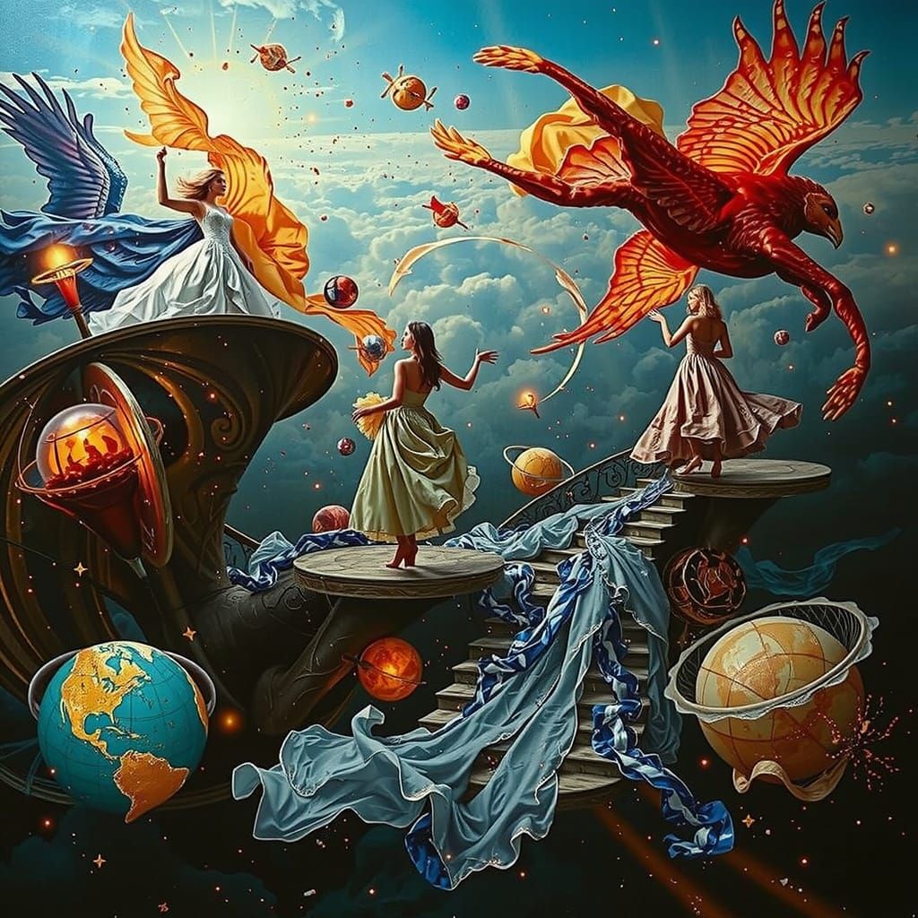 Elegant Women Ascend Celestial Staircase in Vivid Sky