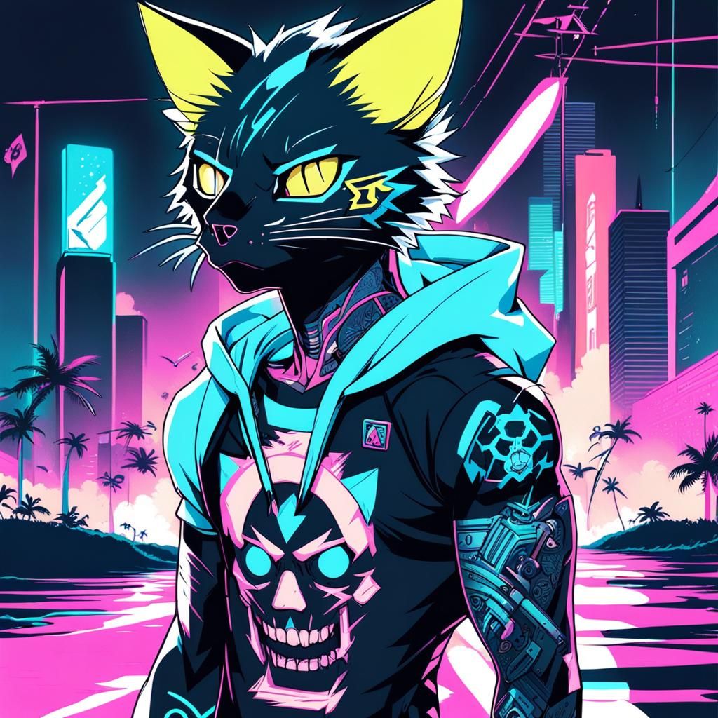 Anime Emo Catboy with Tattoos in Synthwave Style
