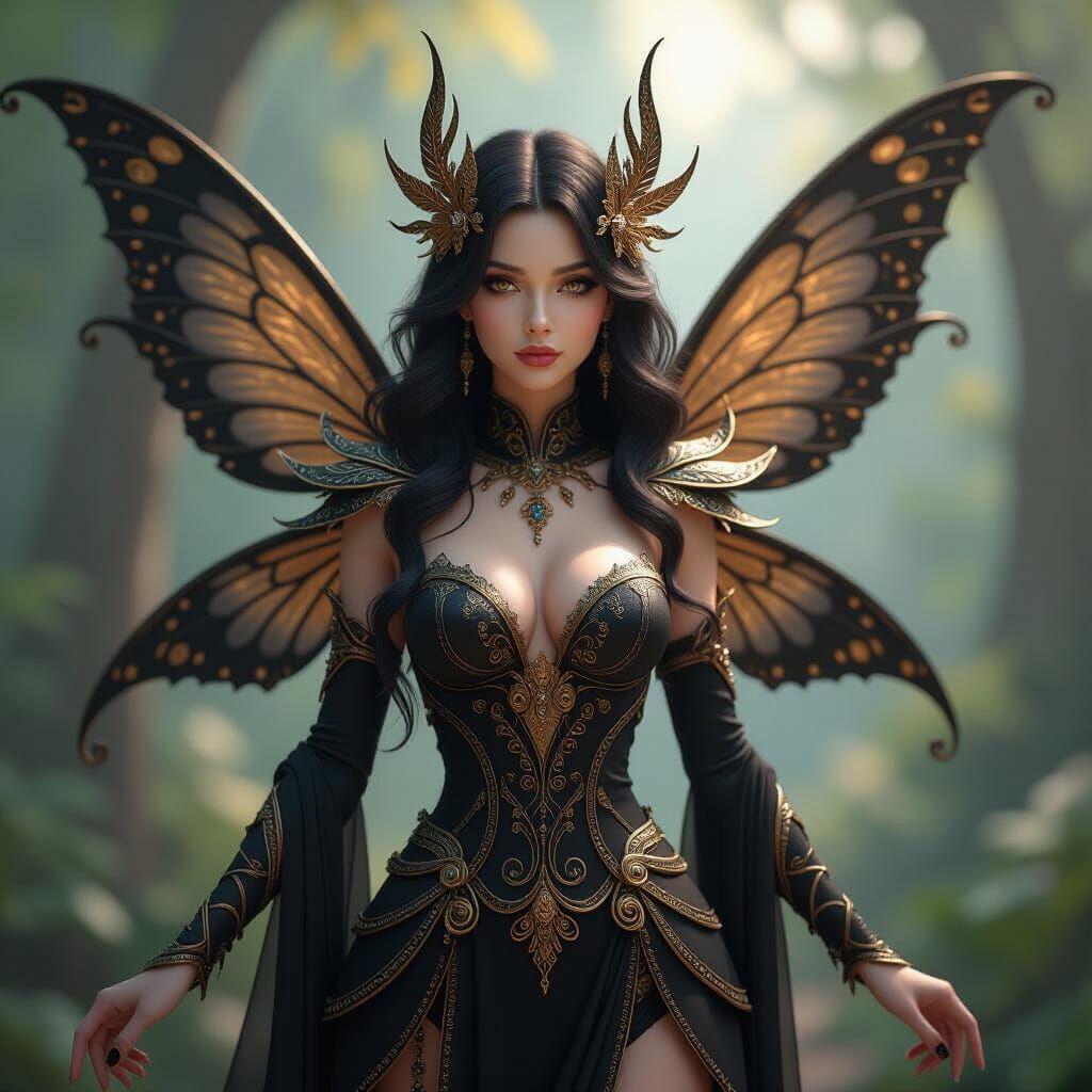 Detailed Fairy in Black and Gold Outfit