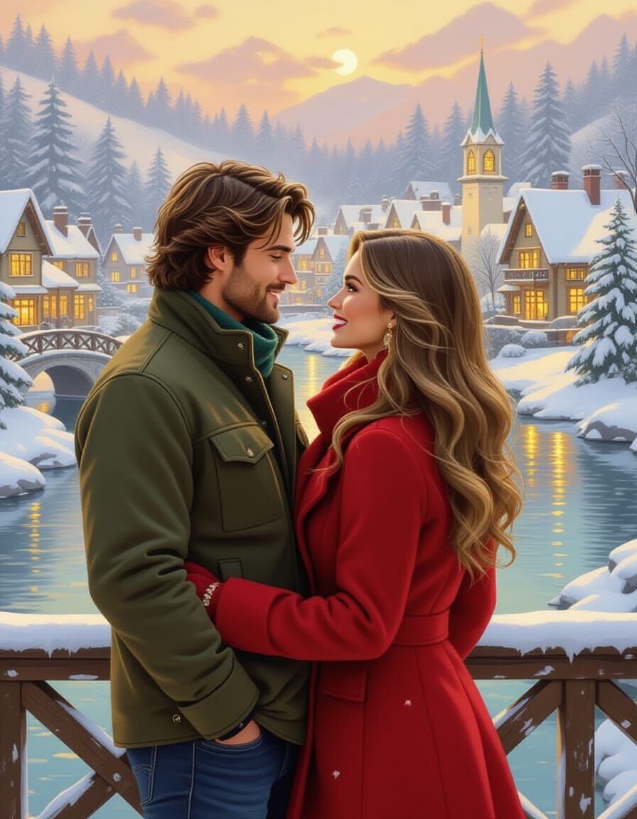 Couple Overlooking Christmas Village in Golden Light