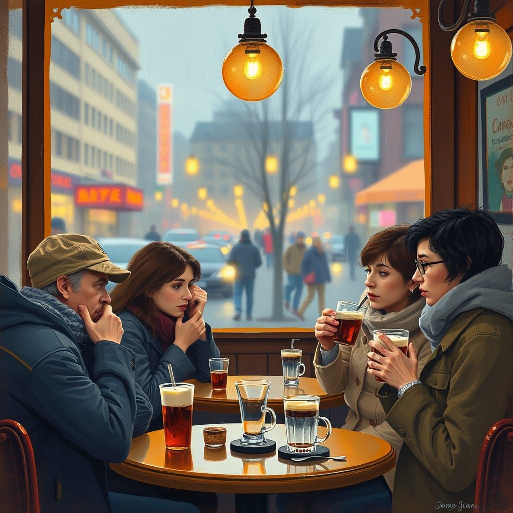 Cozy Cafe Scene in Impressionistic Pastel Style