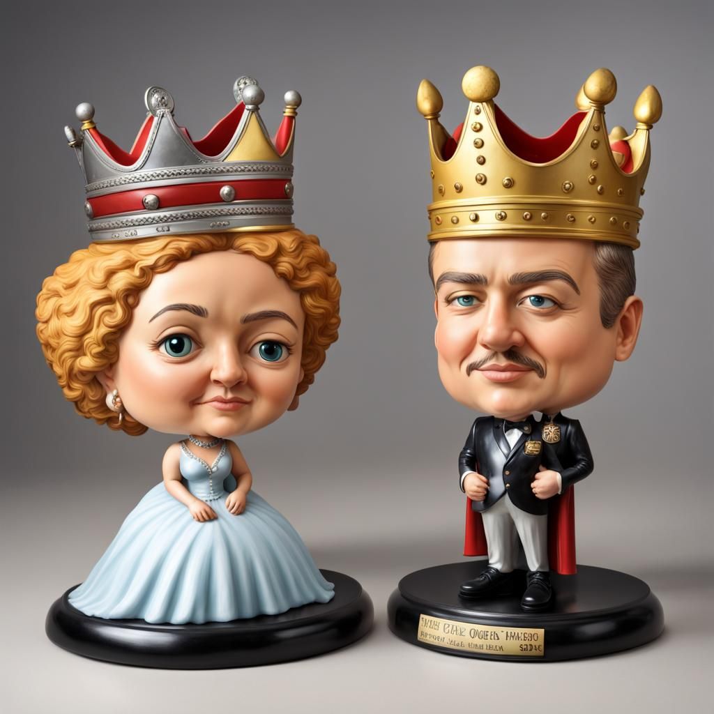 enormous bobblehead, king and queen