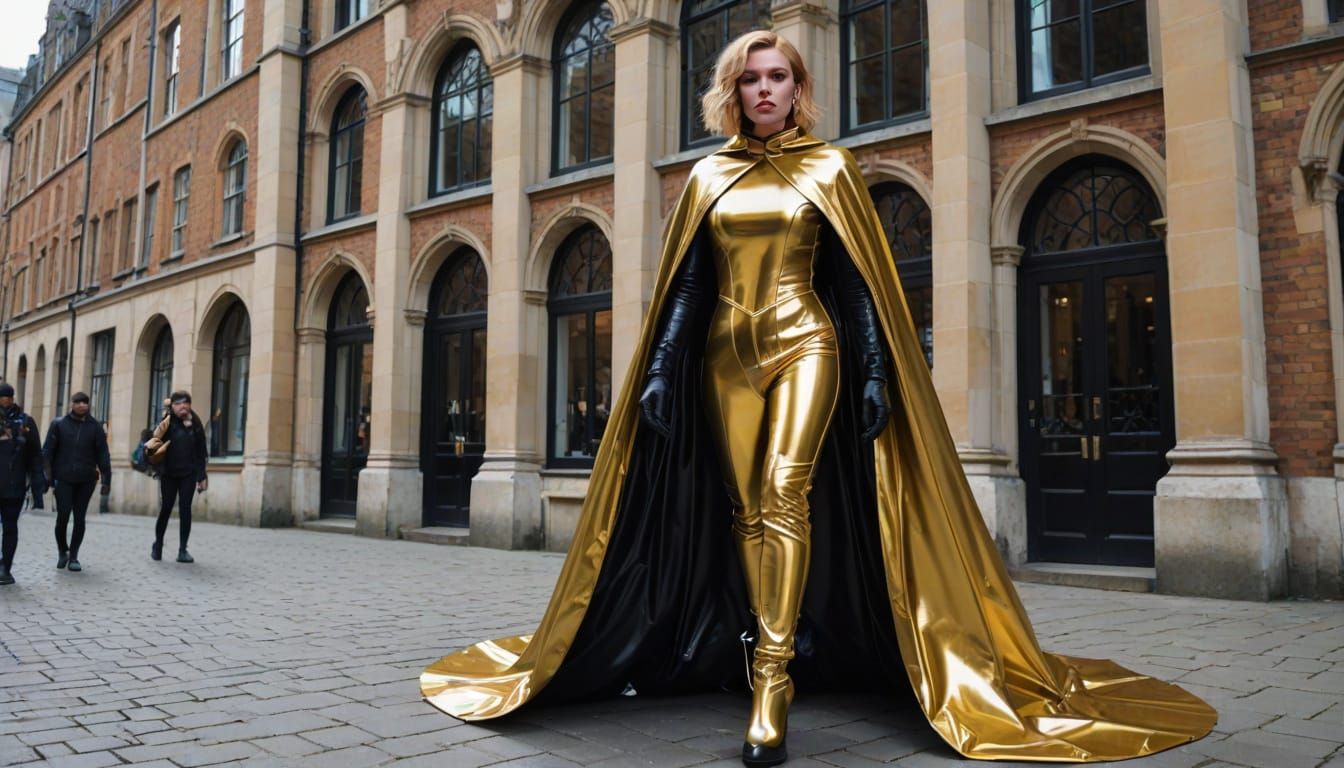 Girl in Gold Latex Outfit with Black Boots and Cape