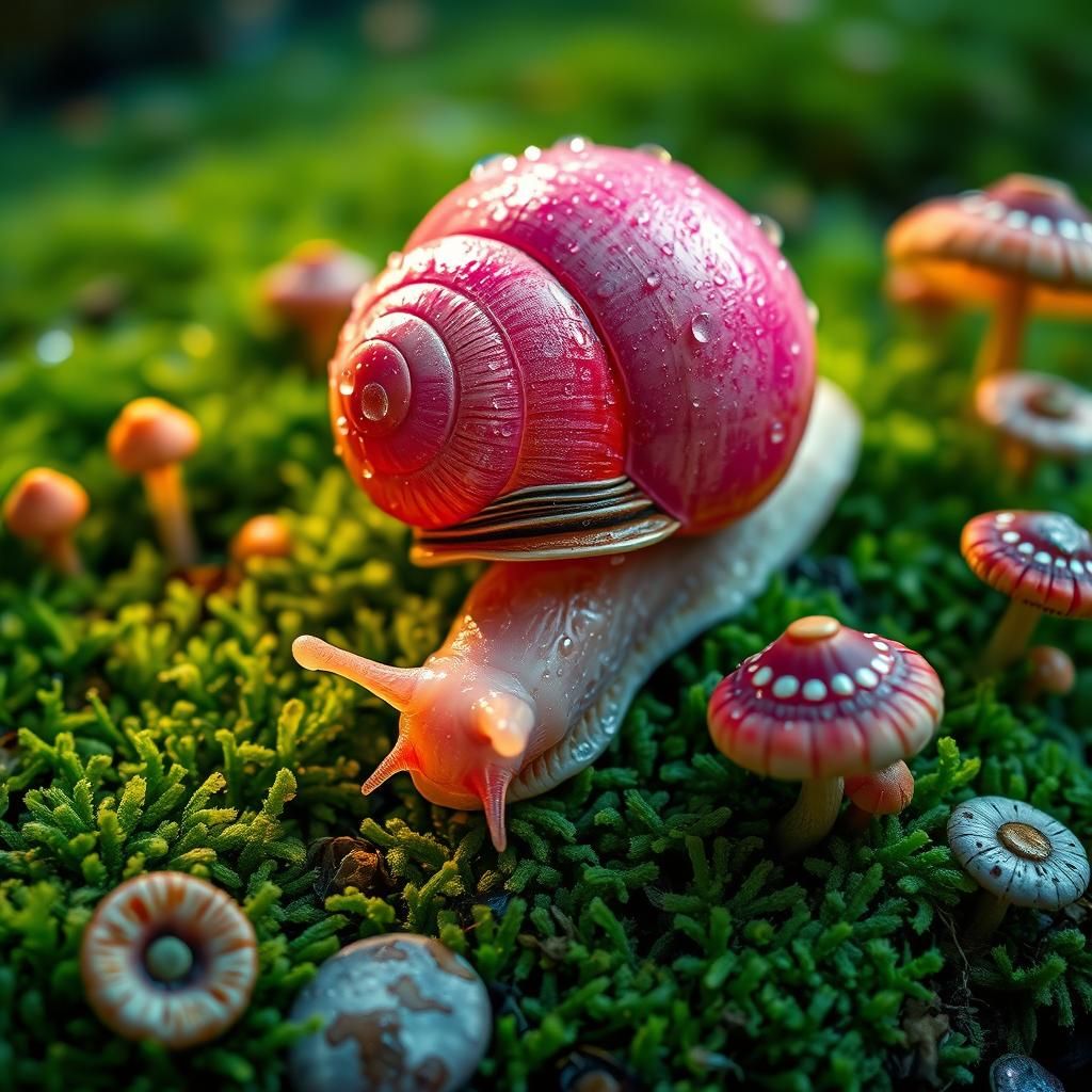 Pink Snail on Moss with Mushrooms in Dreamy Style