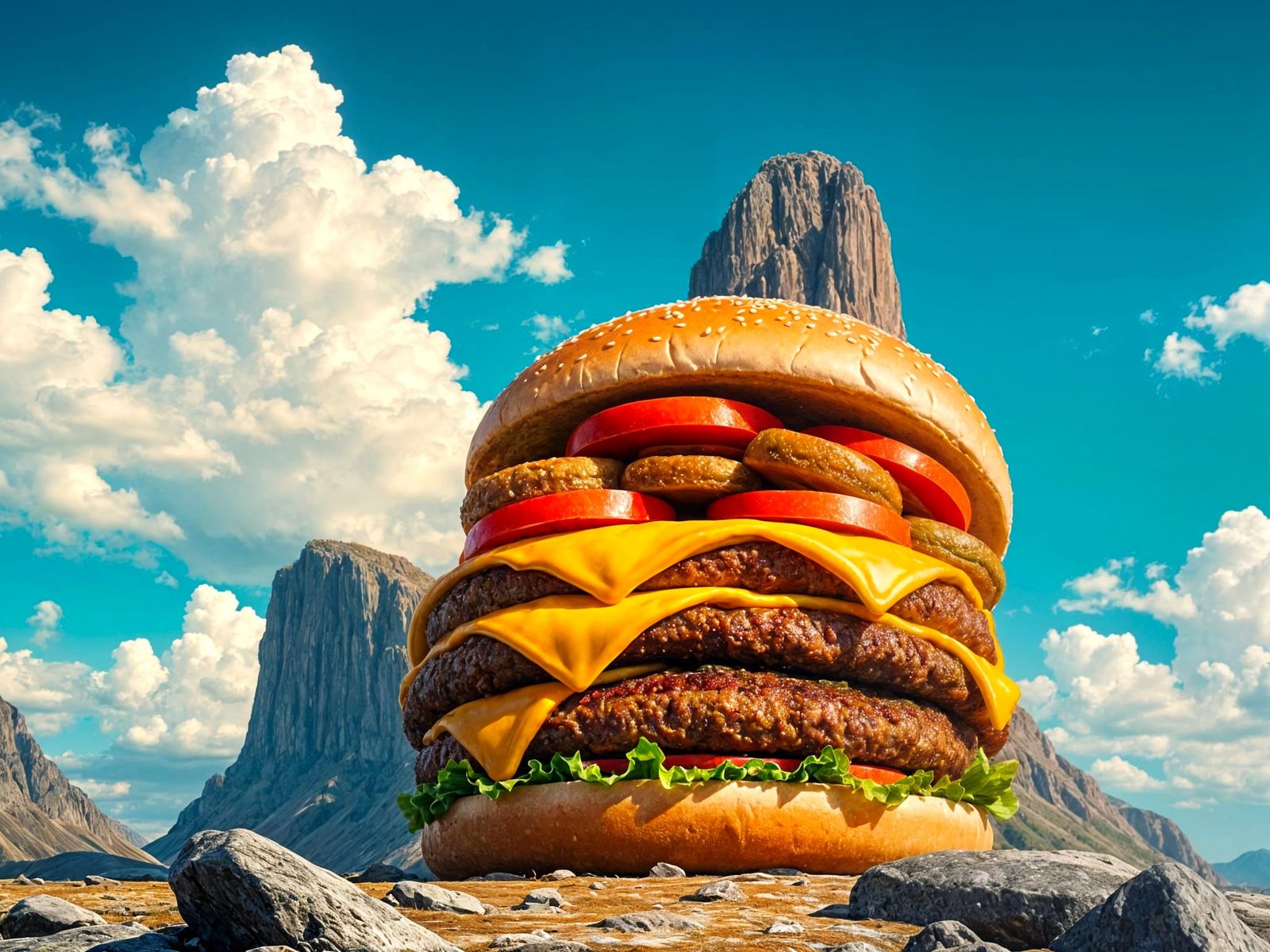 Giant Hamburger the Size of a Mountain