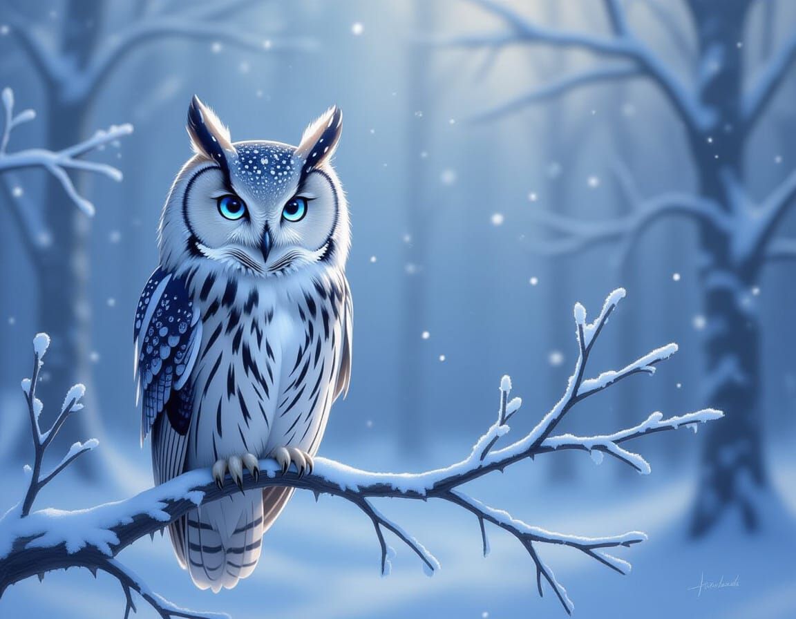 Ethereal Owl with Sapphire Eyes in Winter Forest