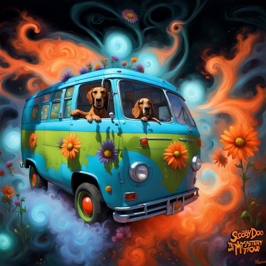 The Scooby-Doo "Mystery Machine" is a blue van painted with ...