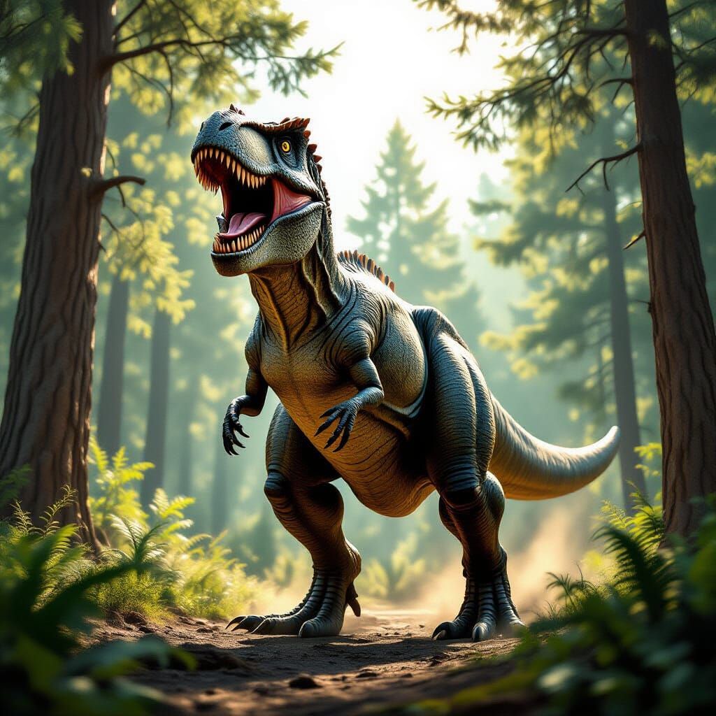 Majestic Tyrannosaurus Rex Roaring in Primeval Forest