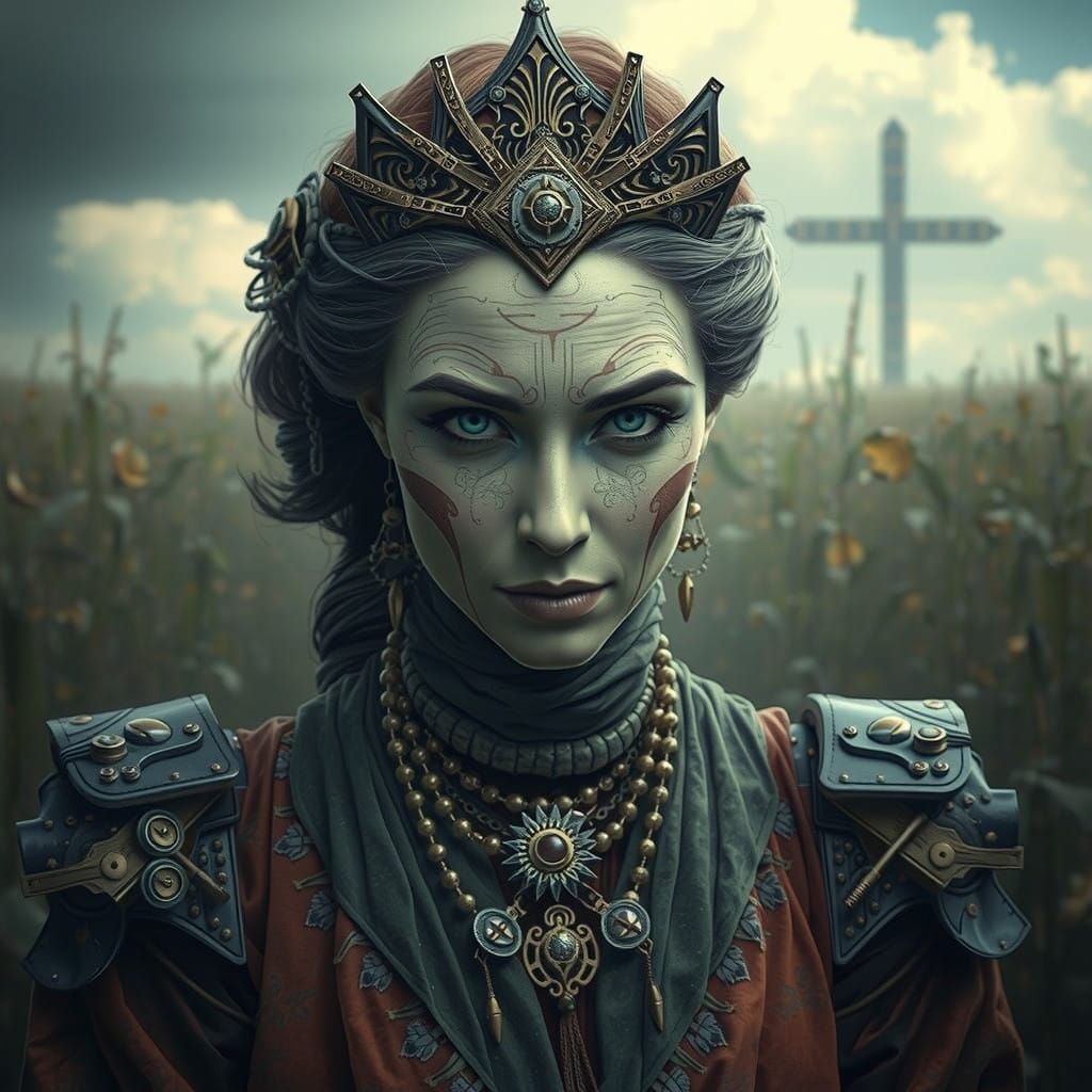 Joyful Steampunk Goddess in Whimsical Sci-Fi Cornfield