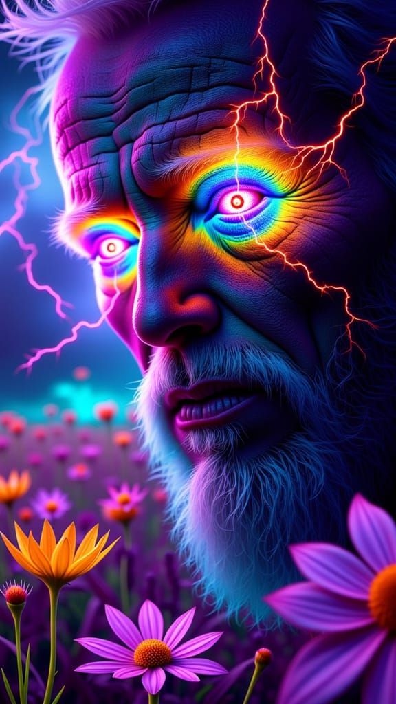 Fractal-Faced Man in Farm Horror Dreamscape