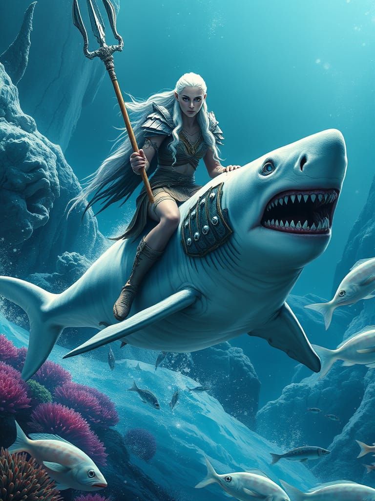 Fierce Albino Barbarian Warrior Queen on Majestic White Shar...