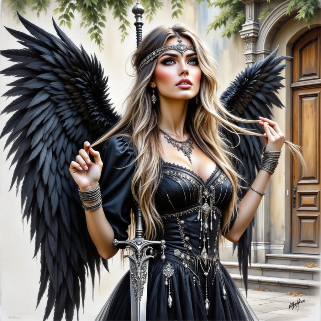 Charming Winged Woman with Sword in Watercolor Style