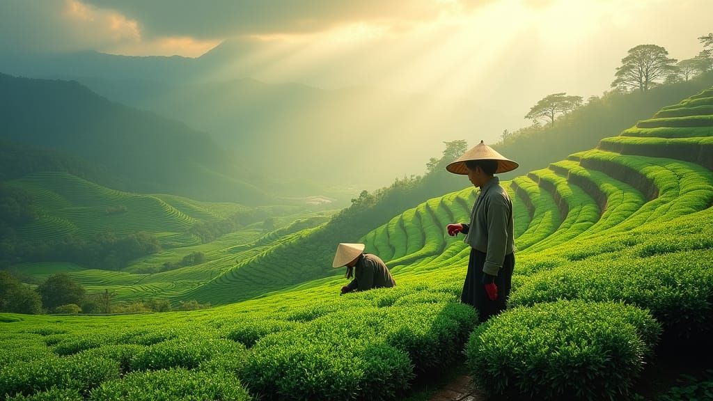 Lush Tea Fields in Soft Light, Inspired by Anime and CGI