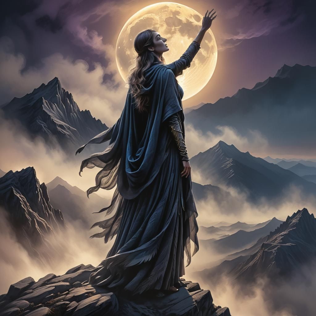 Majestic Woman on Misty Mountain in Charcoal Drawing