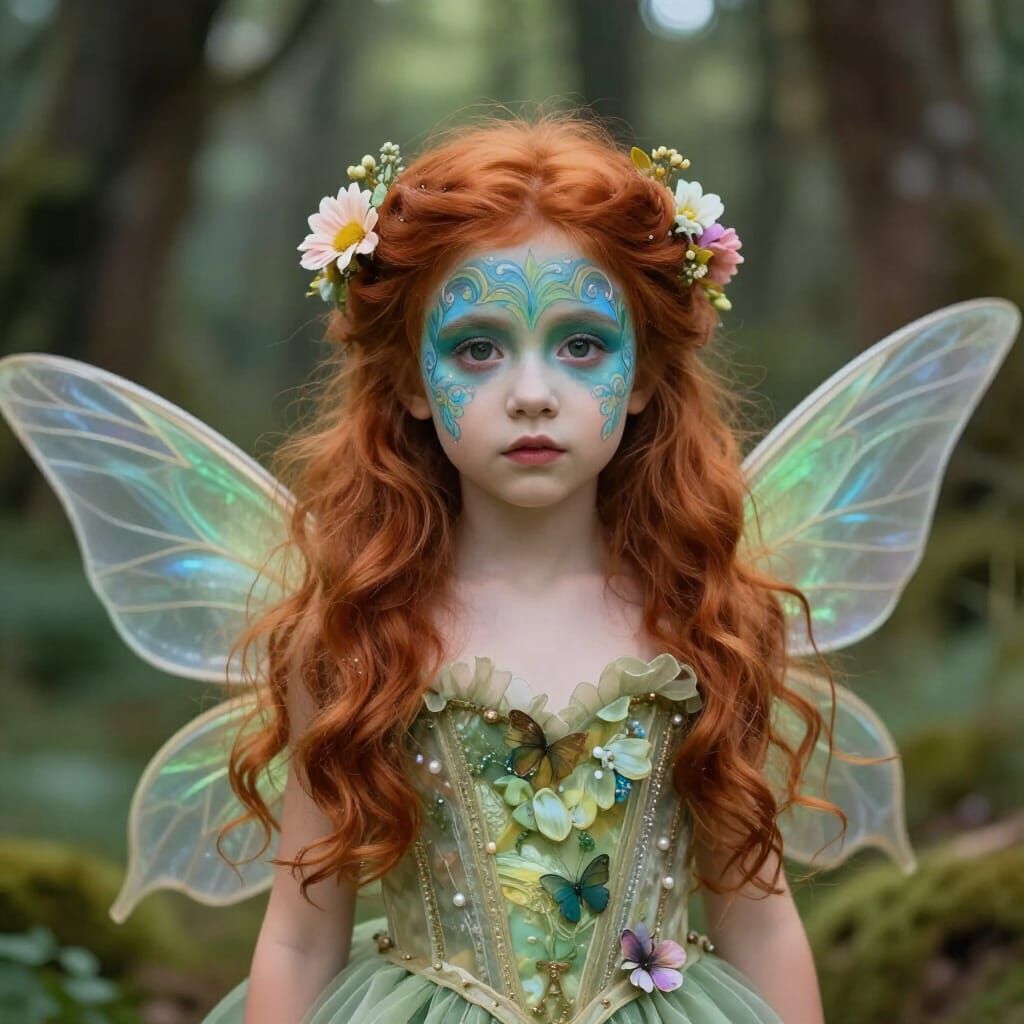 Whimsical Child in Fairy Core Outfit with Floral Adornments