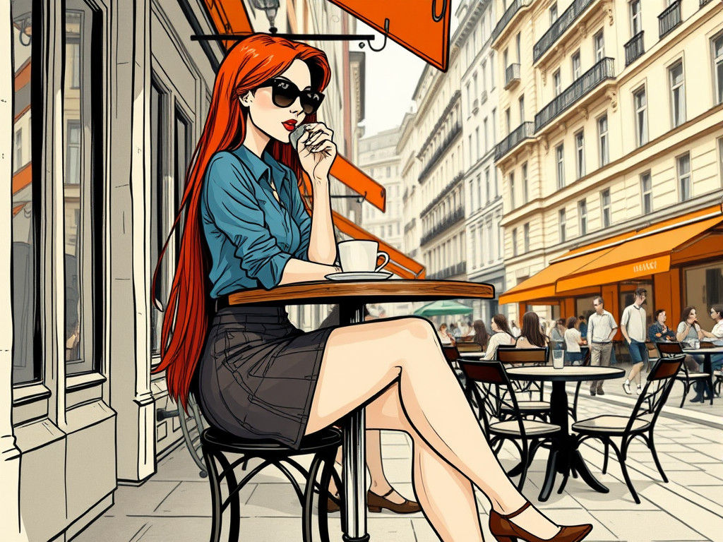 Fashionable Woman at Cafe, Moebius and Mucha Style