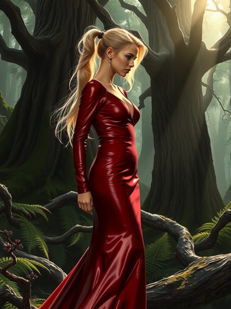 Woman in Red Gown, Forest Landscape, Classical Style