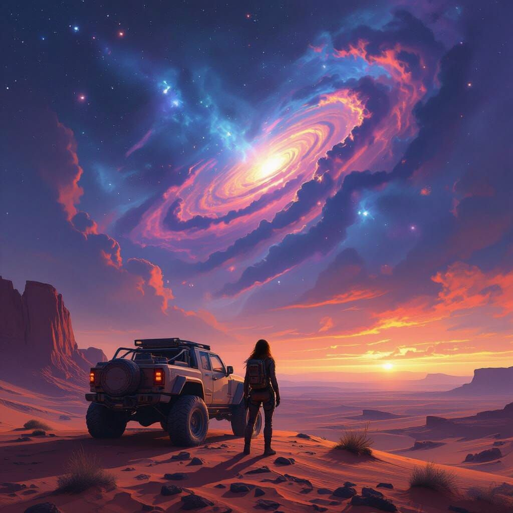 Female Explorer on Alien Mesa in Matte Painting Style