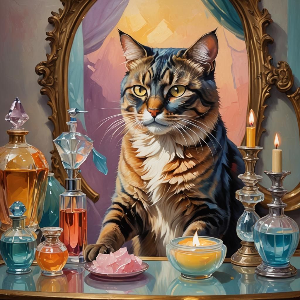Entropomorphic Cat's Skincare Routine: A Triadic Oil Paintin...