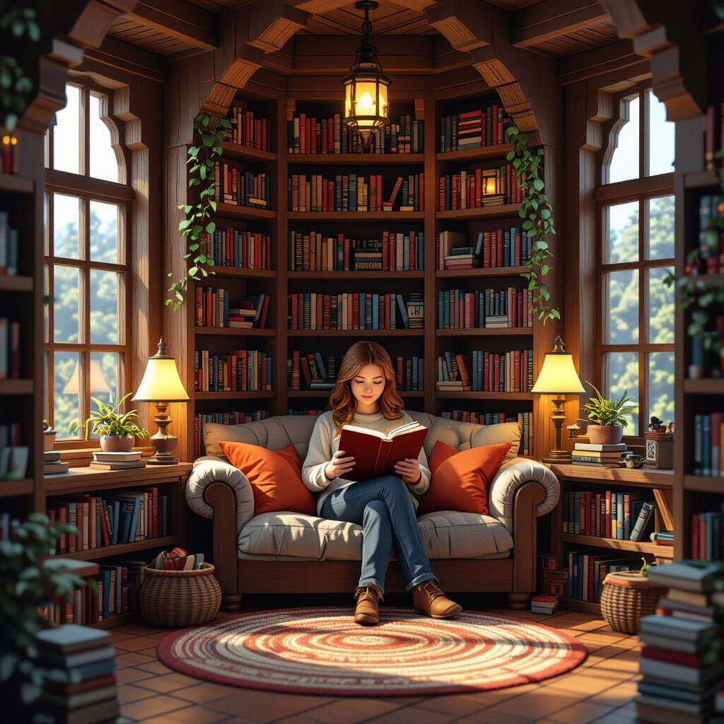 Cozy Minecraft Library Reading Corner with Warm Lighting