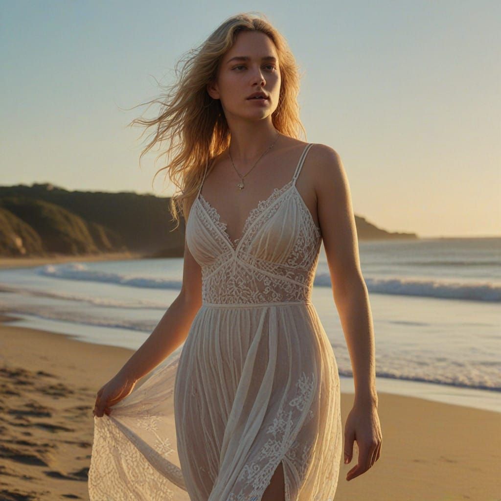Confident Blonde Woman on Sun-Kissed Beach in Cinematic Port...