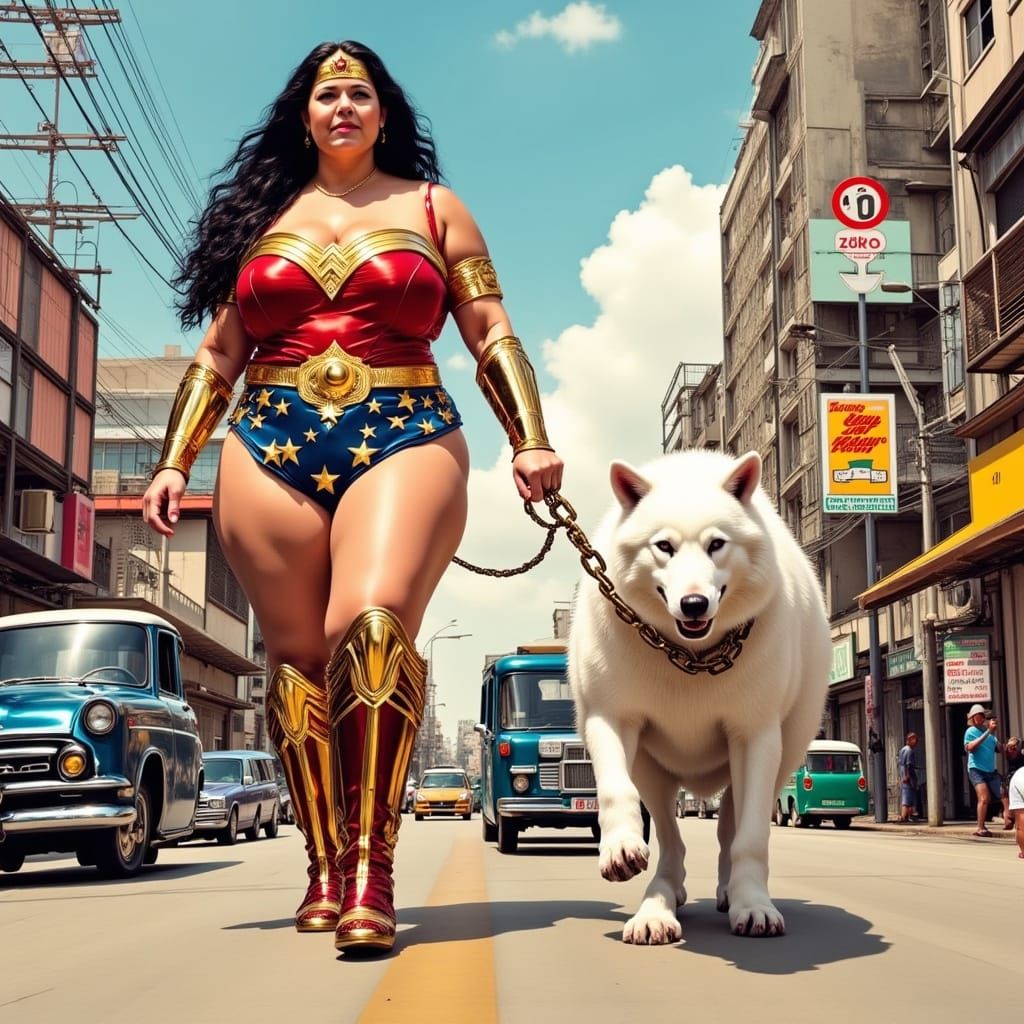 Wonder Woman Walks a Wolf in Manila: Stylized Illustration