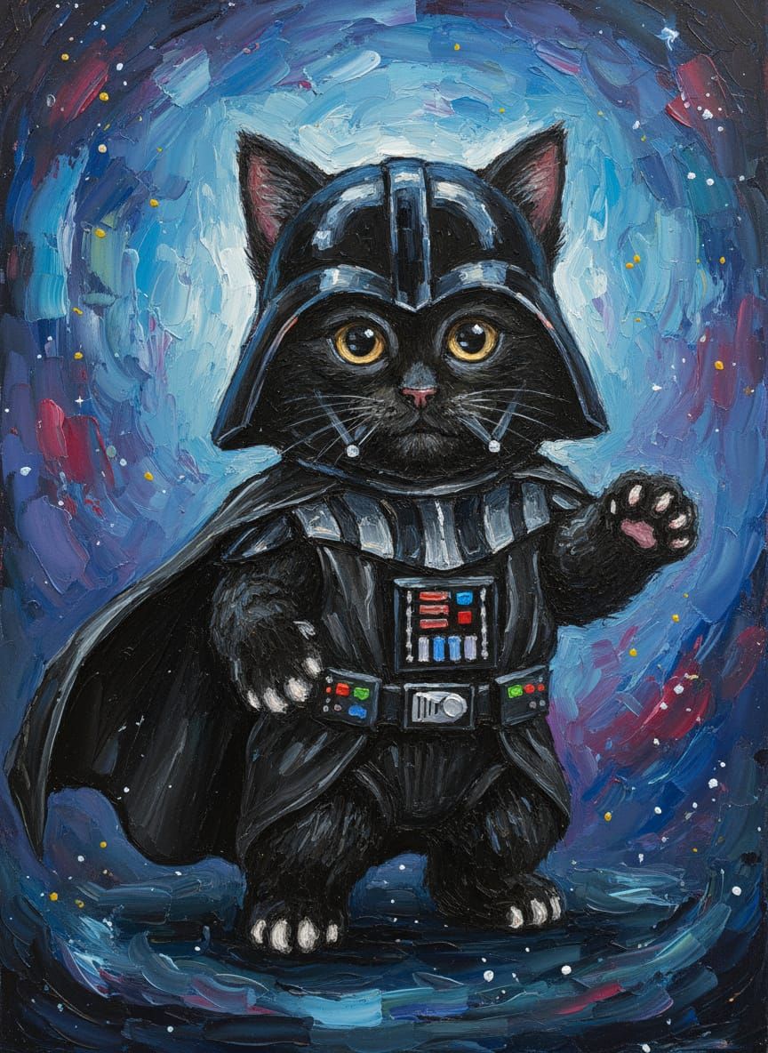 Adorable Kitten in Darth Vader Costume as Impasto Painting