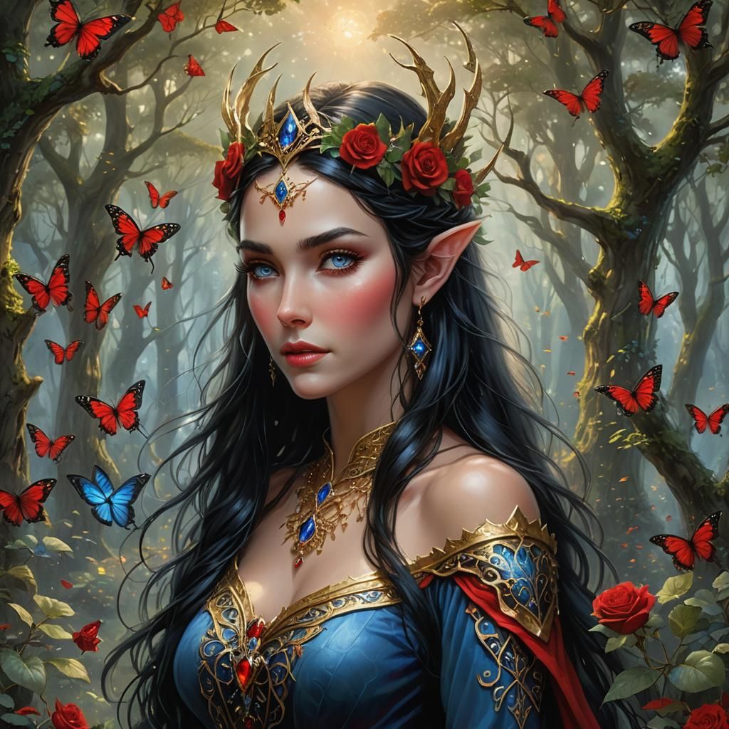 Elven Queen with long flowing jet black hair crystal clear blue eyes dressed in red Elven royalty with golden crowns on ...