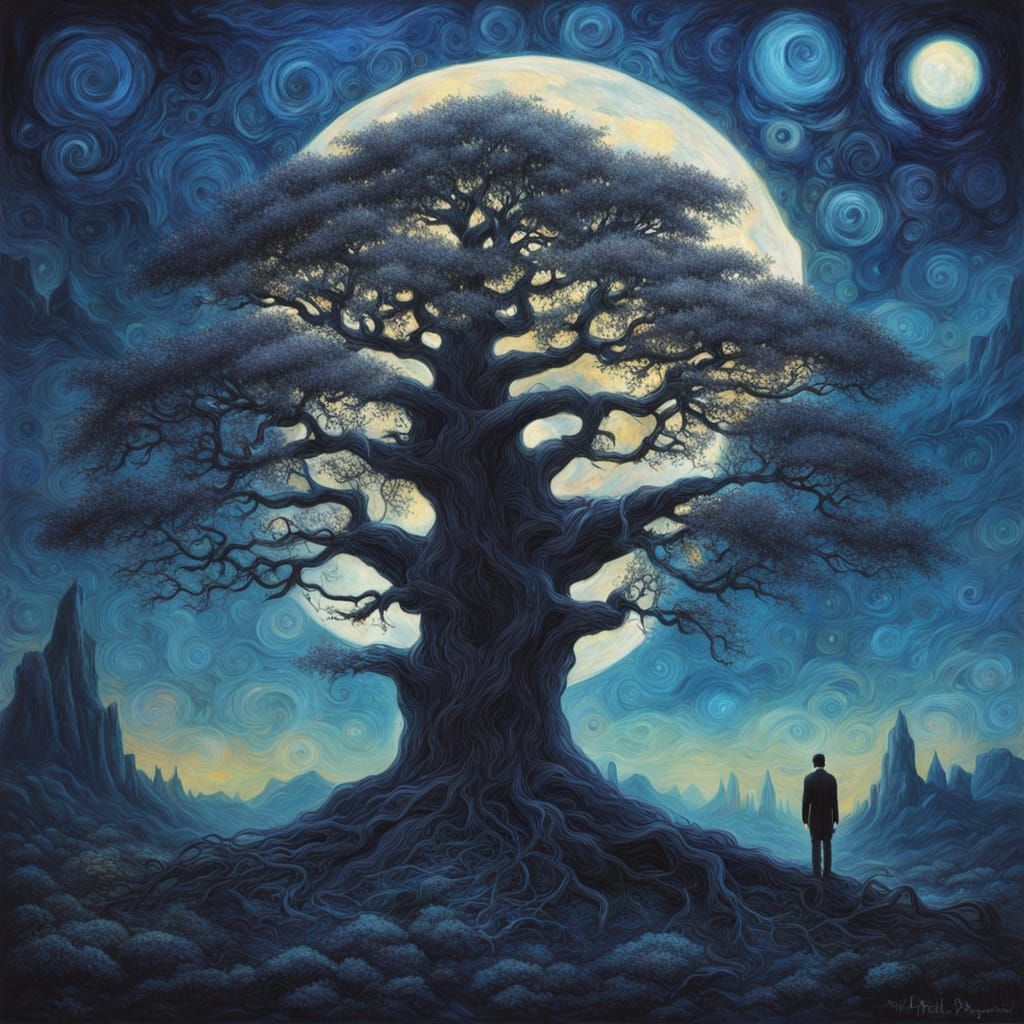 Astral Yew Tree Reaching for a Pale Moon