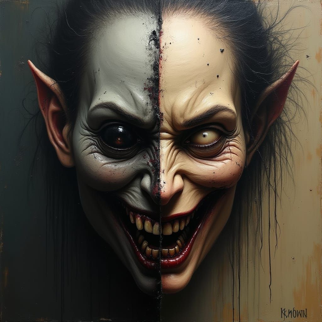 Grotesque Female Demon in Macabre Oil Painting