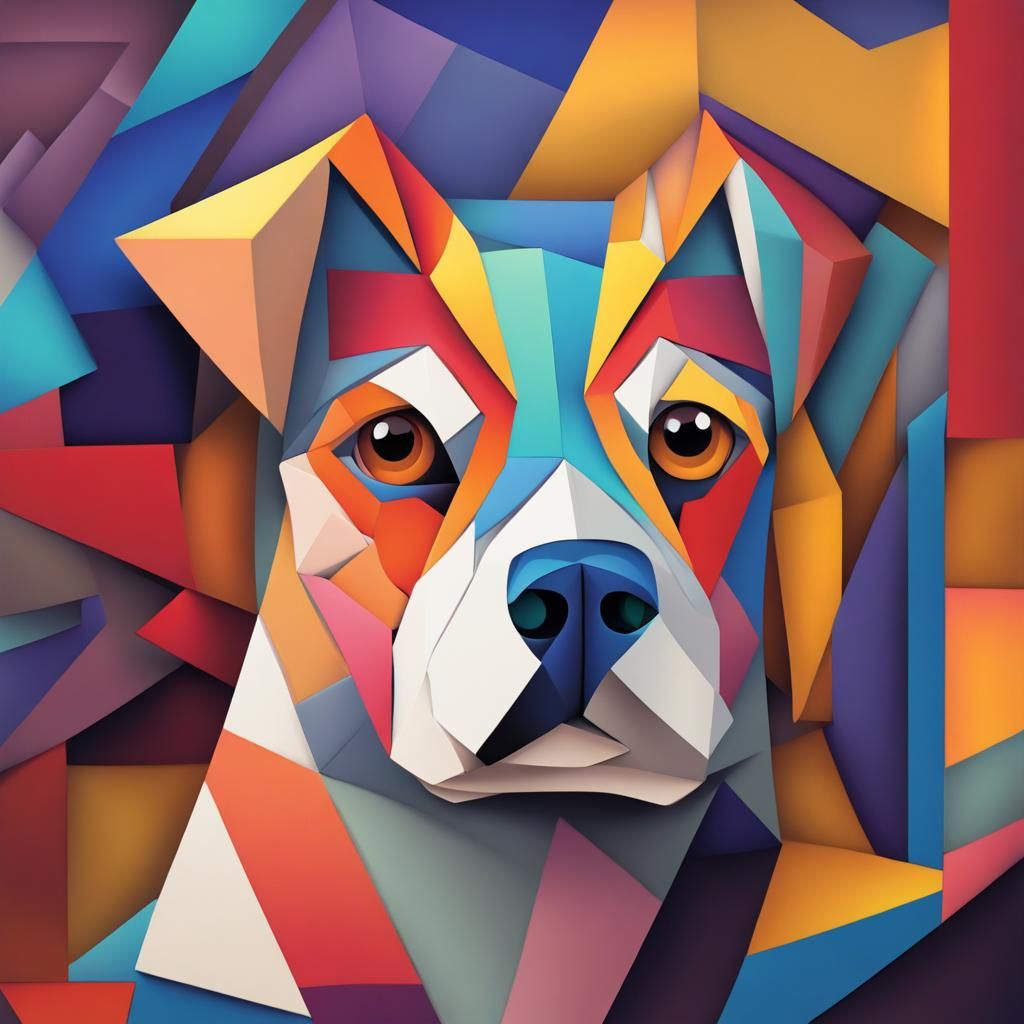 Joyful Multicolored Origami Dog in Cubist Art Deco Style