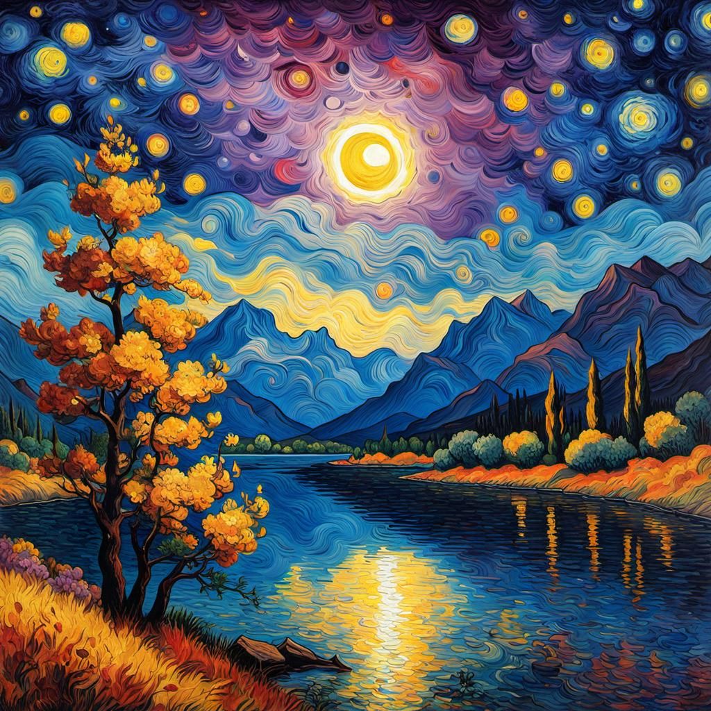 Starry Night Landscape in Expressionist Style