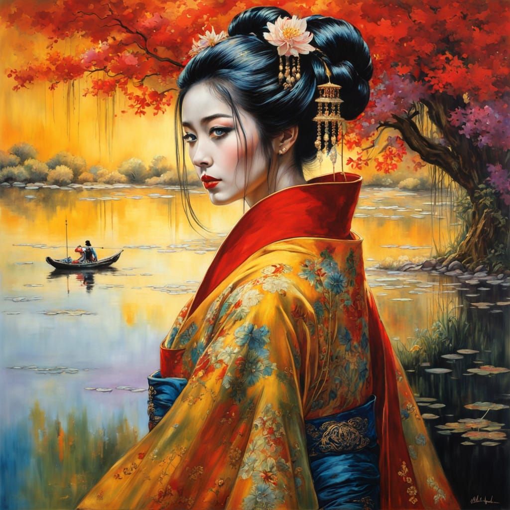 Ethereal Geisha in Celestial Attire with Golden Motifs