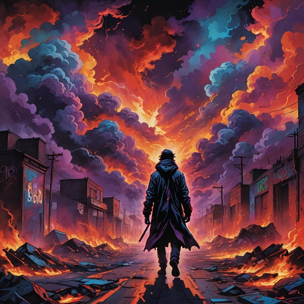 Dark Fantasy Figure in Burning Rainbow Skies