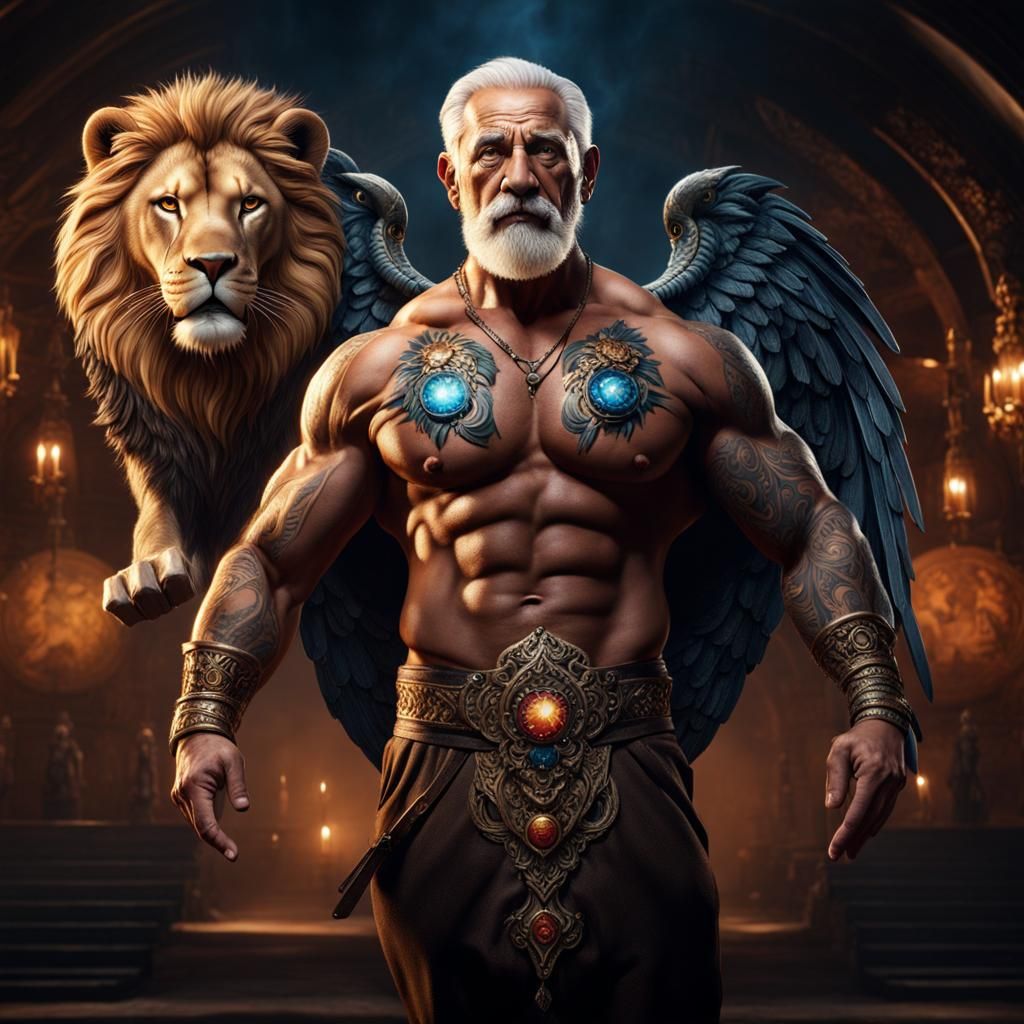 Magical Old Bodybuilder with Lion Tattoo