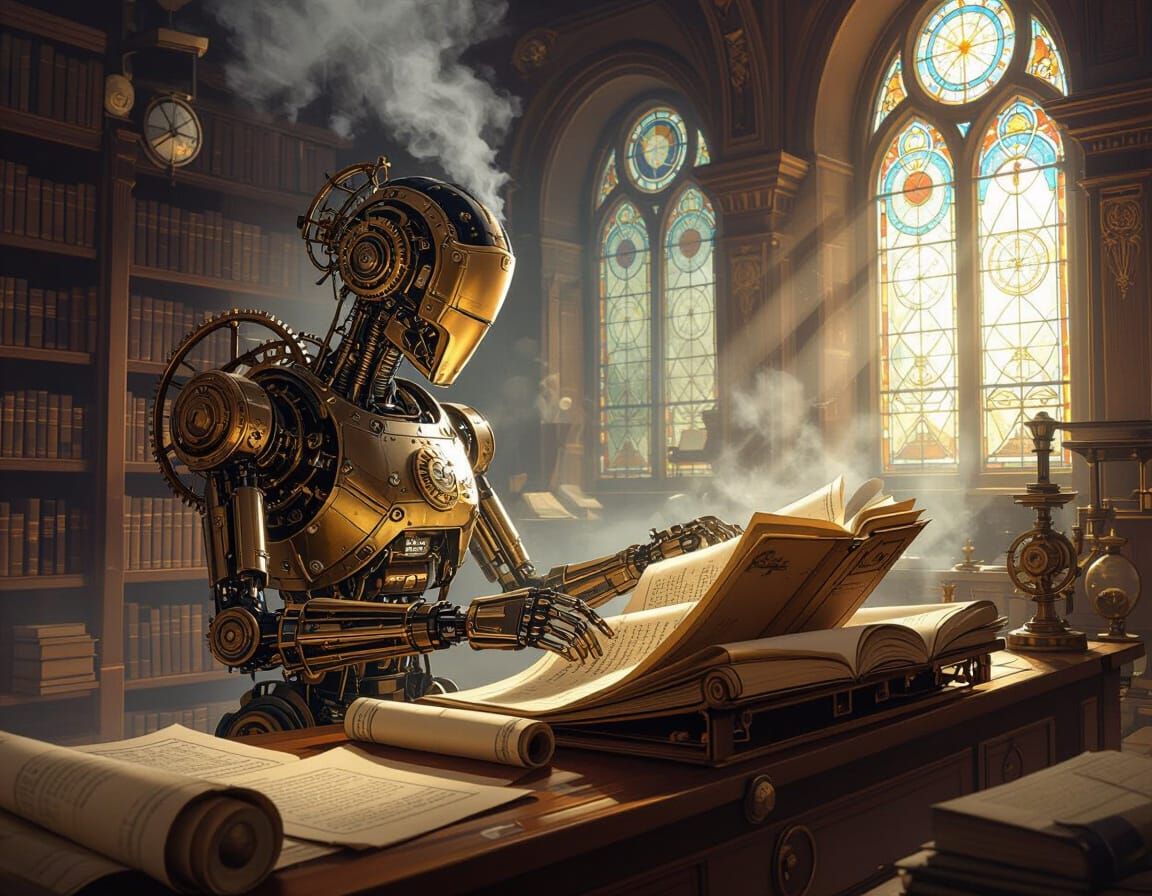 Steampunk Automaton Librarian in Clockwork Library