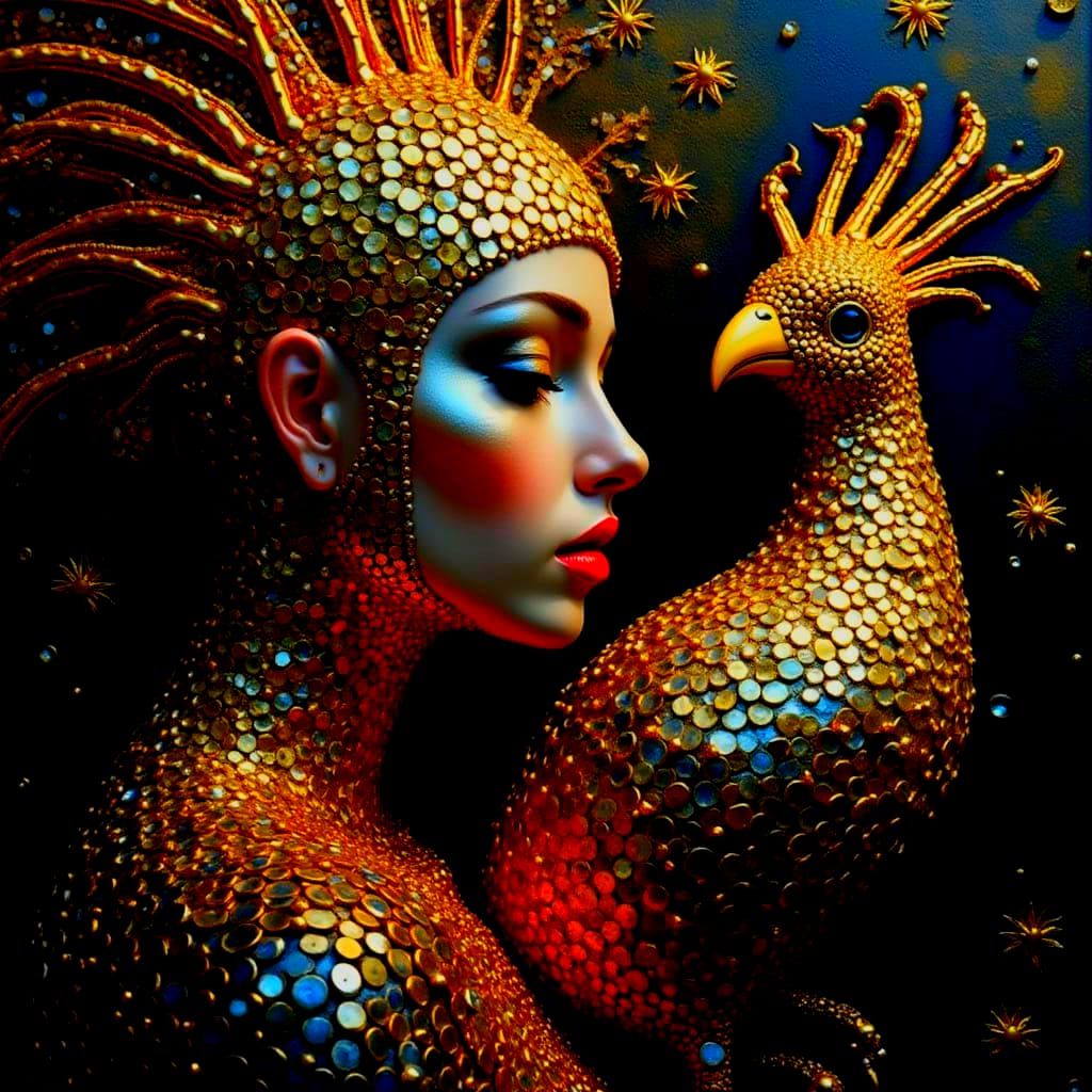 Metallic Cockatoo-Woman in Max Ernst Style