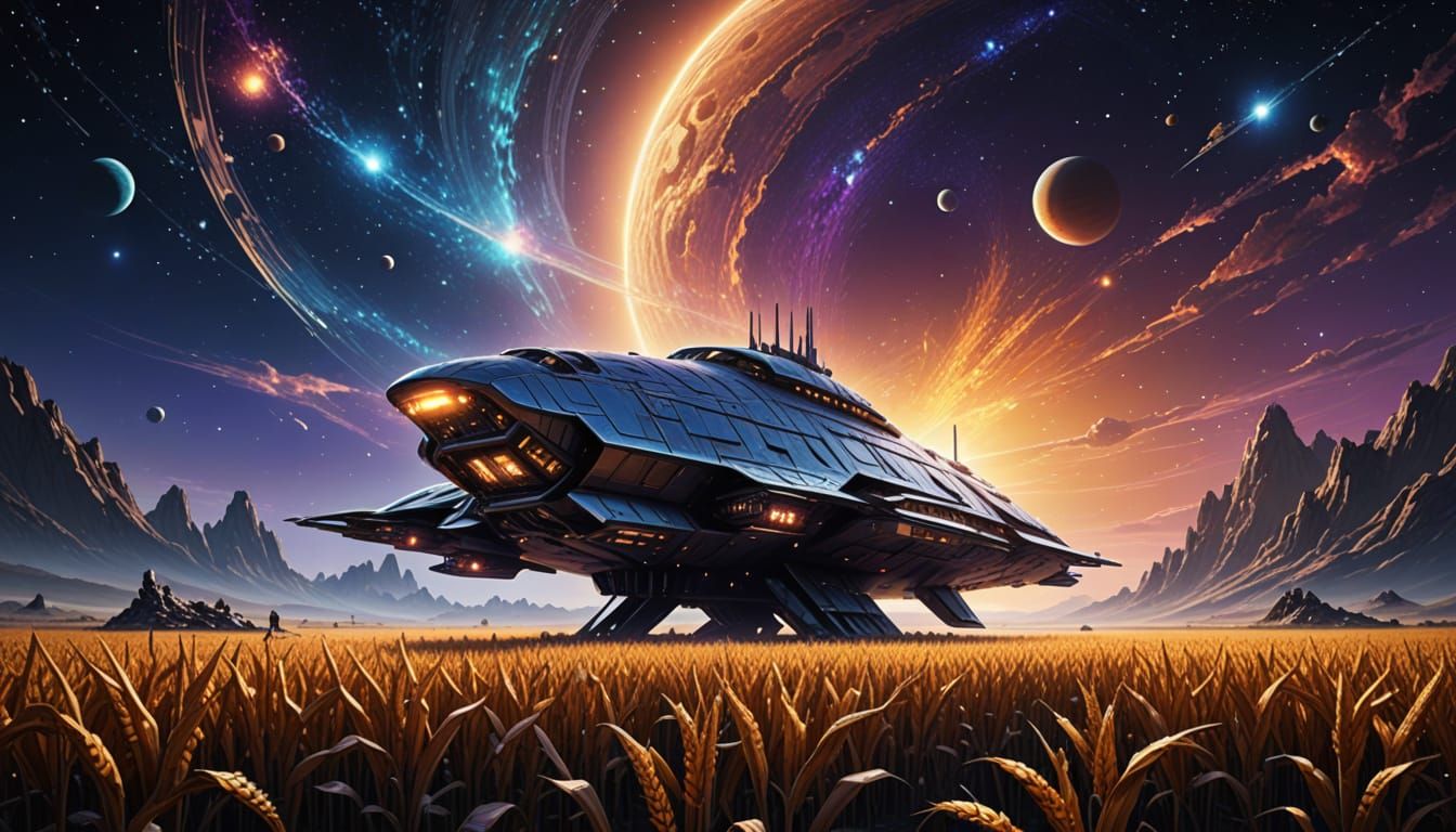 Spaceship Lands in Golden Cornfield Under Starry Cosmic Hori...