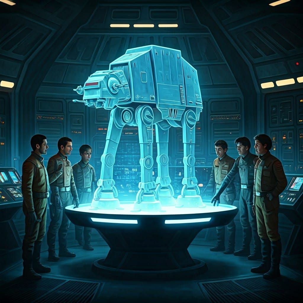 Rebel Leaders Gather Around Holographic AT-AT Walker in Comm...