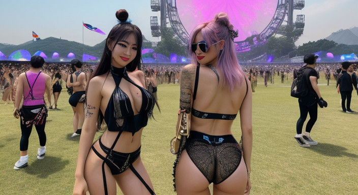 edm festival in Korea, VIP area, korean glamorous gorgeous influencer girls,  thong outfit , bouncing, twerking, bodty a...