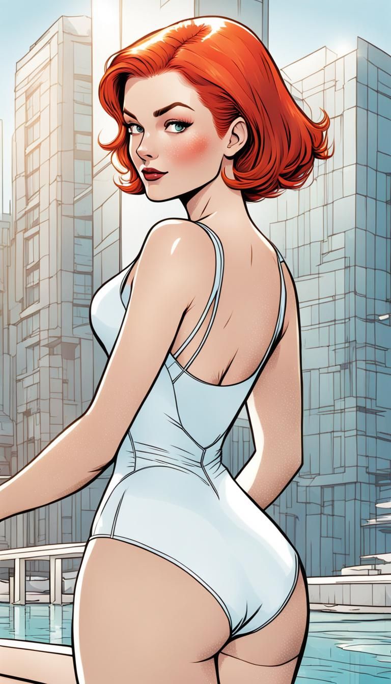 Redhead in White Swimsuit Comic Book Art