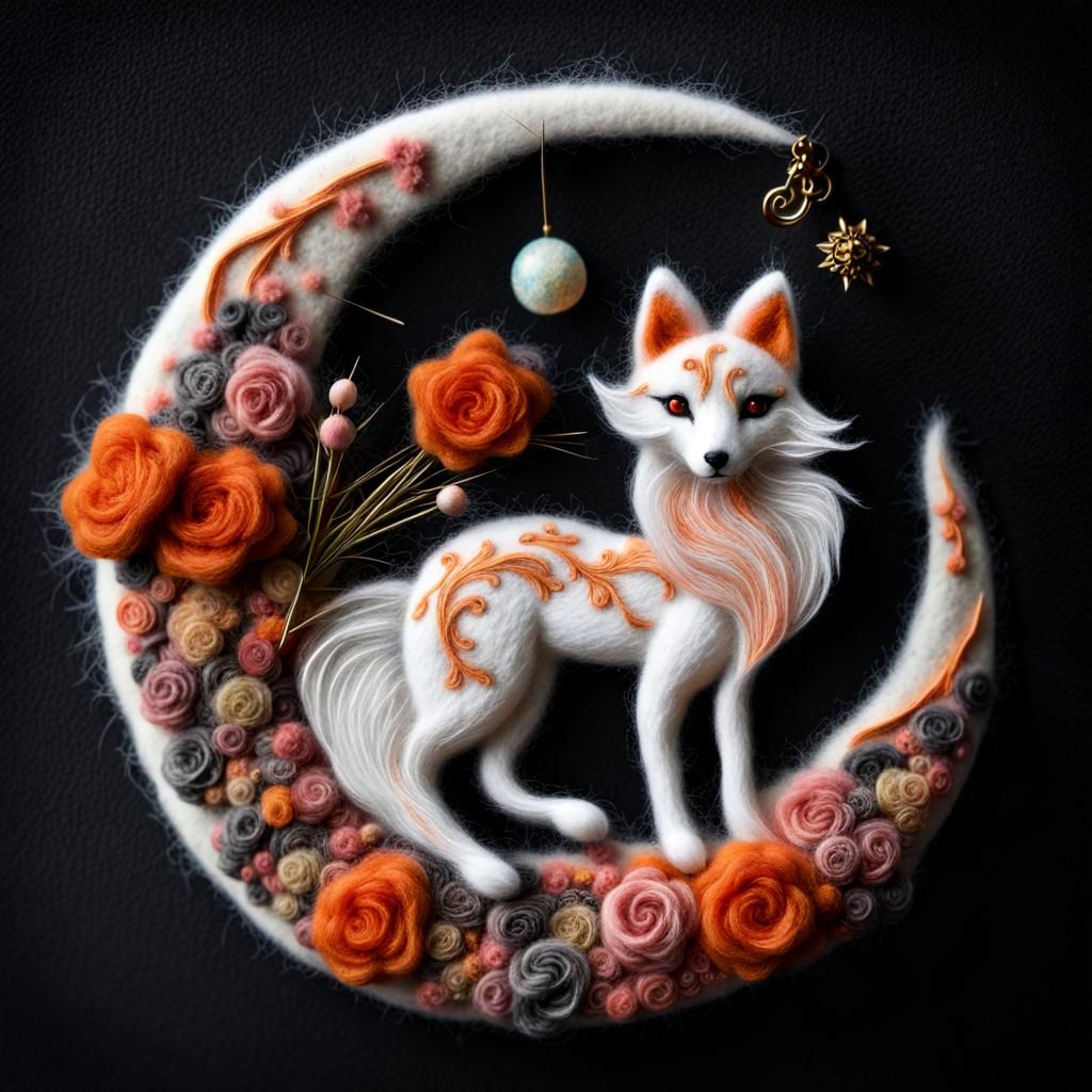Ornate Needle Felted Fox with Floral Embroidery