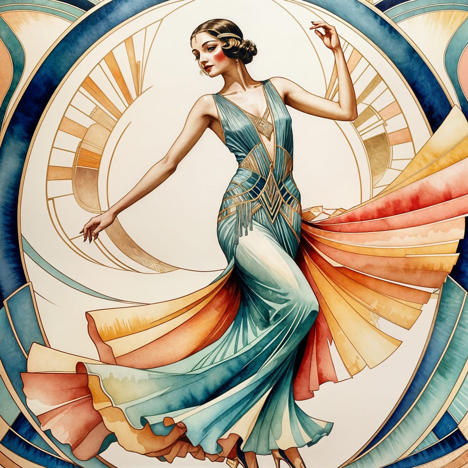 Elegant Art Deco Woman Dancing in Watercolor