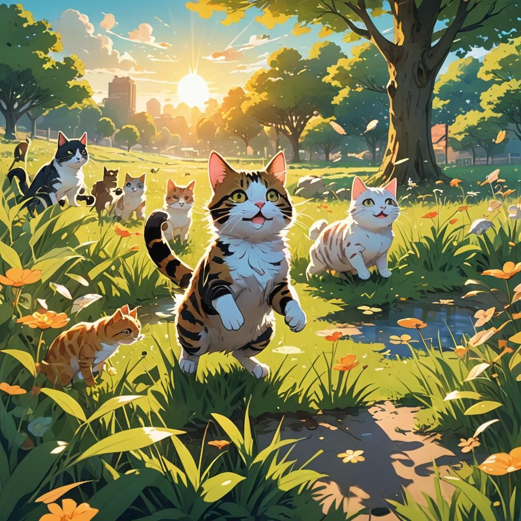 Vibrant Anime Cats Frolic with Jumping Frogs in Sunny Meadow