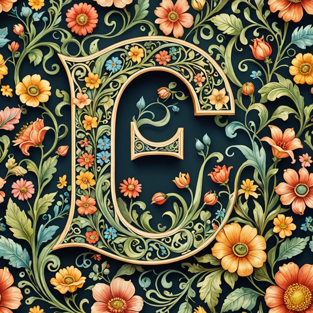 Art Nouveau Floral Letter C in Watercolor