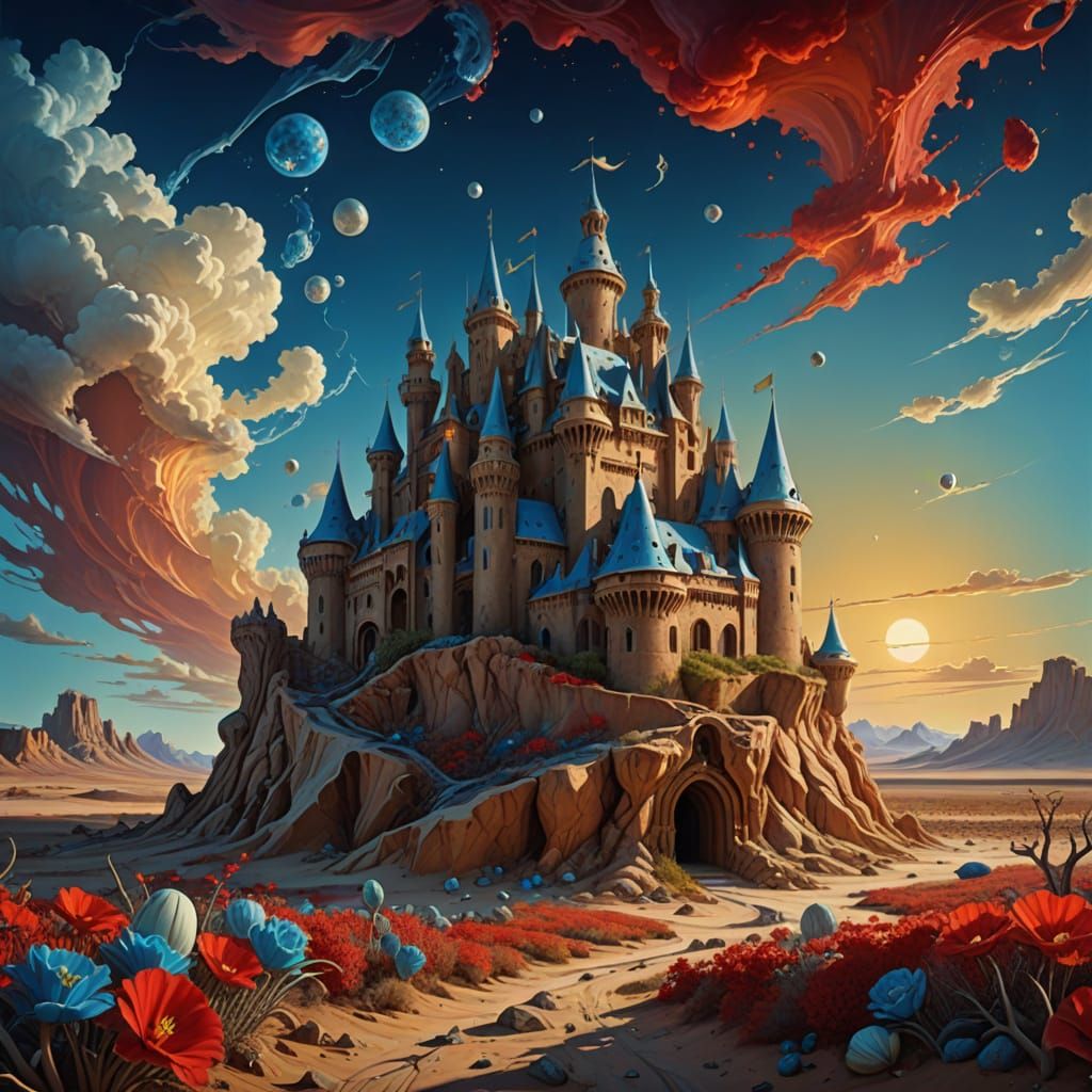Surreal Castle with Melting Eggs and Giant Flowers