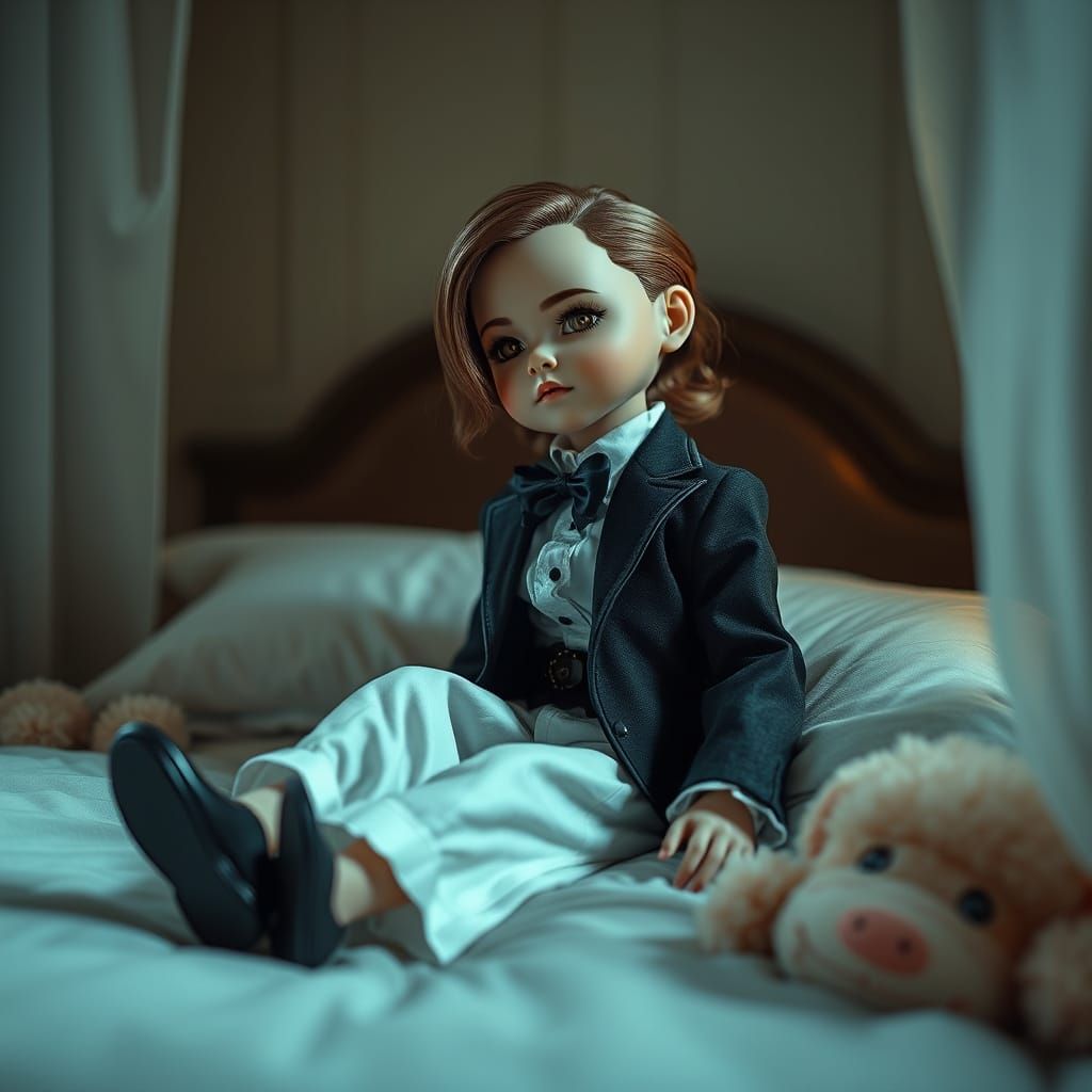 Hyperrealistic Doll in Elegant Clothing on Plush Bed