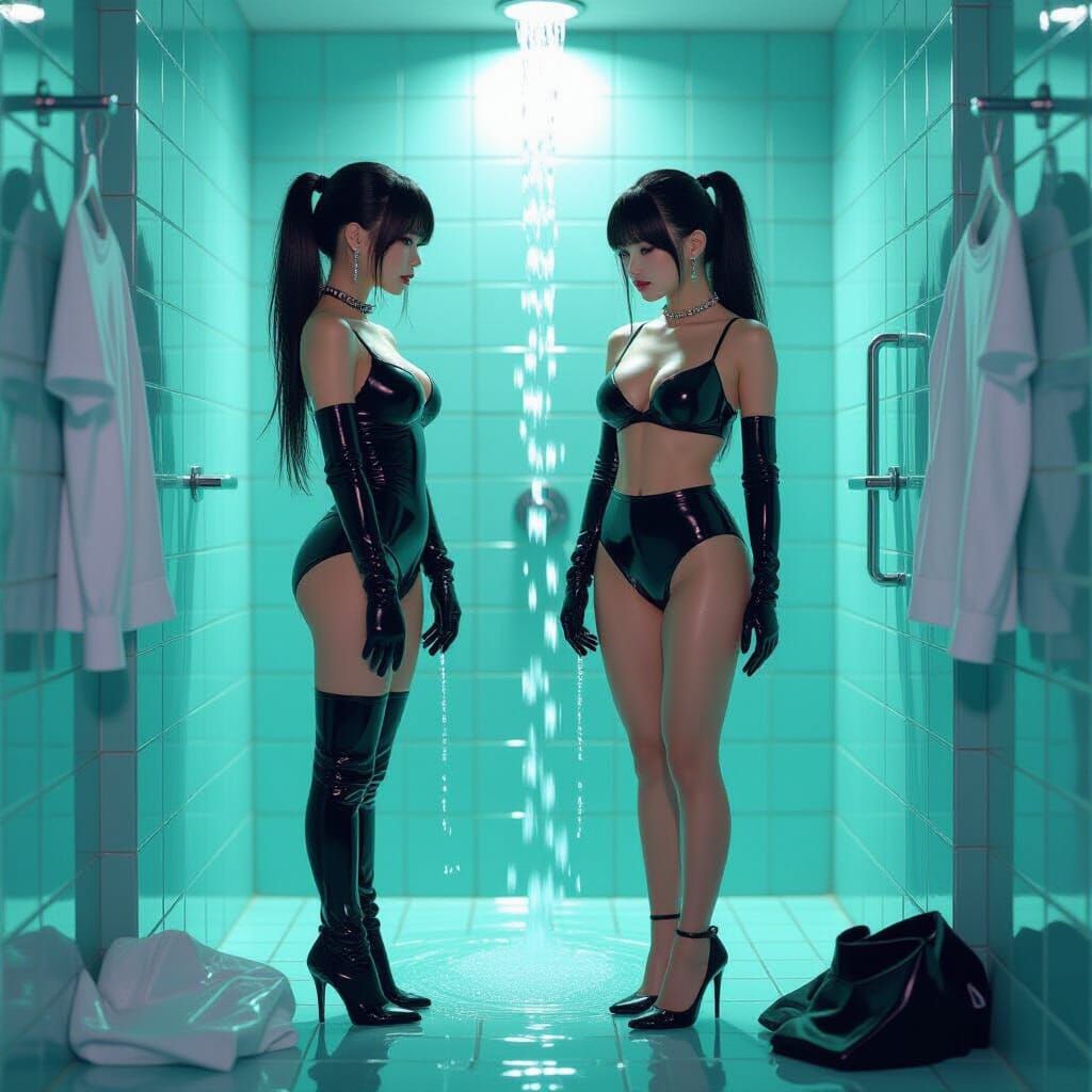 Futuristic Shower Scene with Two Women in Neon Glow Style