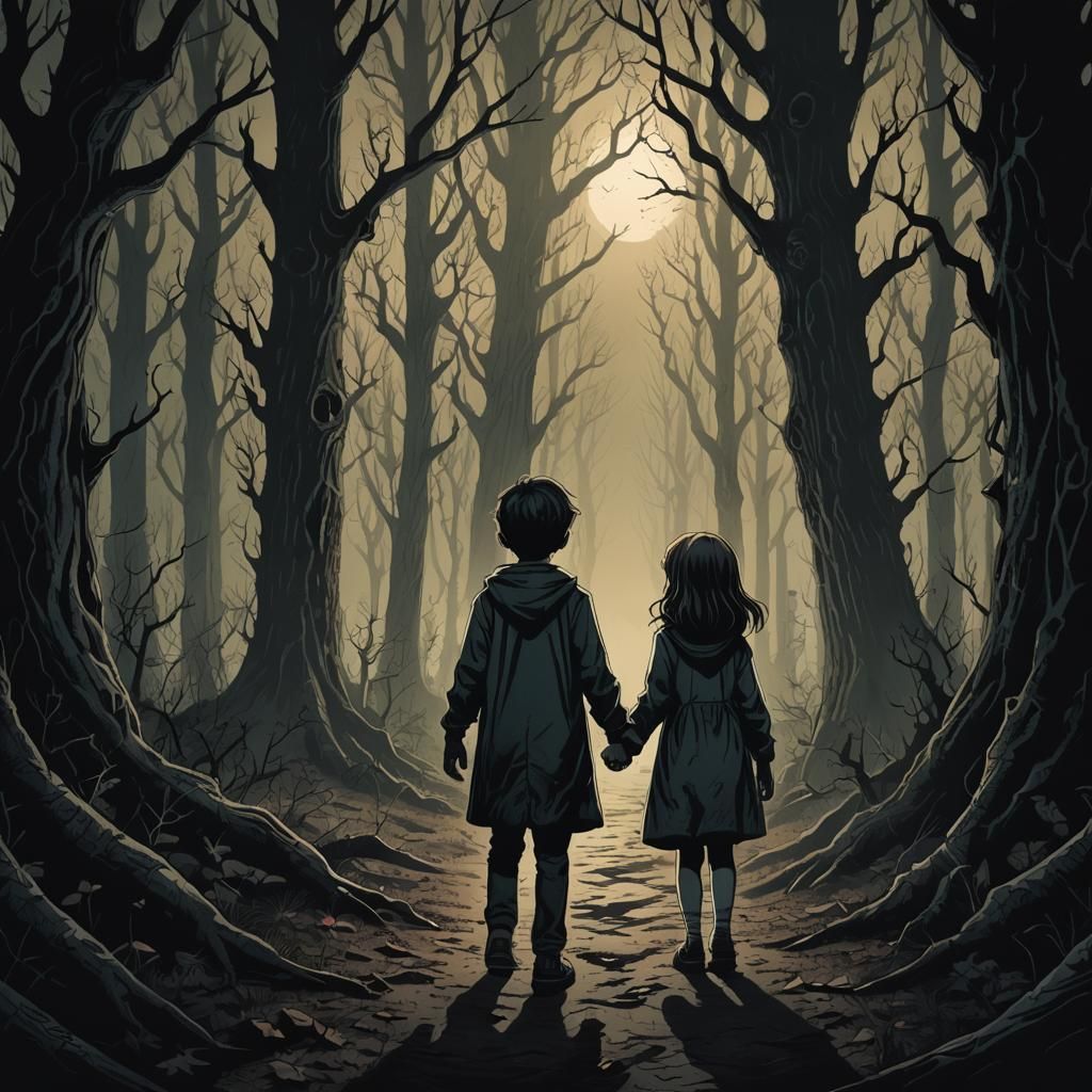 Haunting Illustration: Siblings Face a Dark Forest
